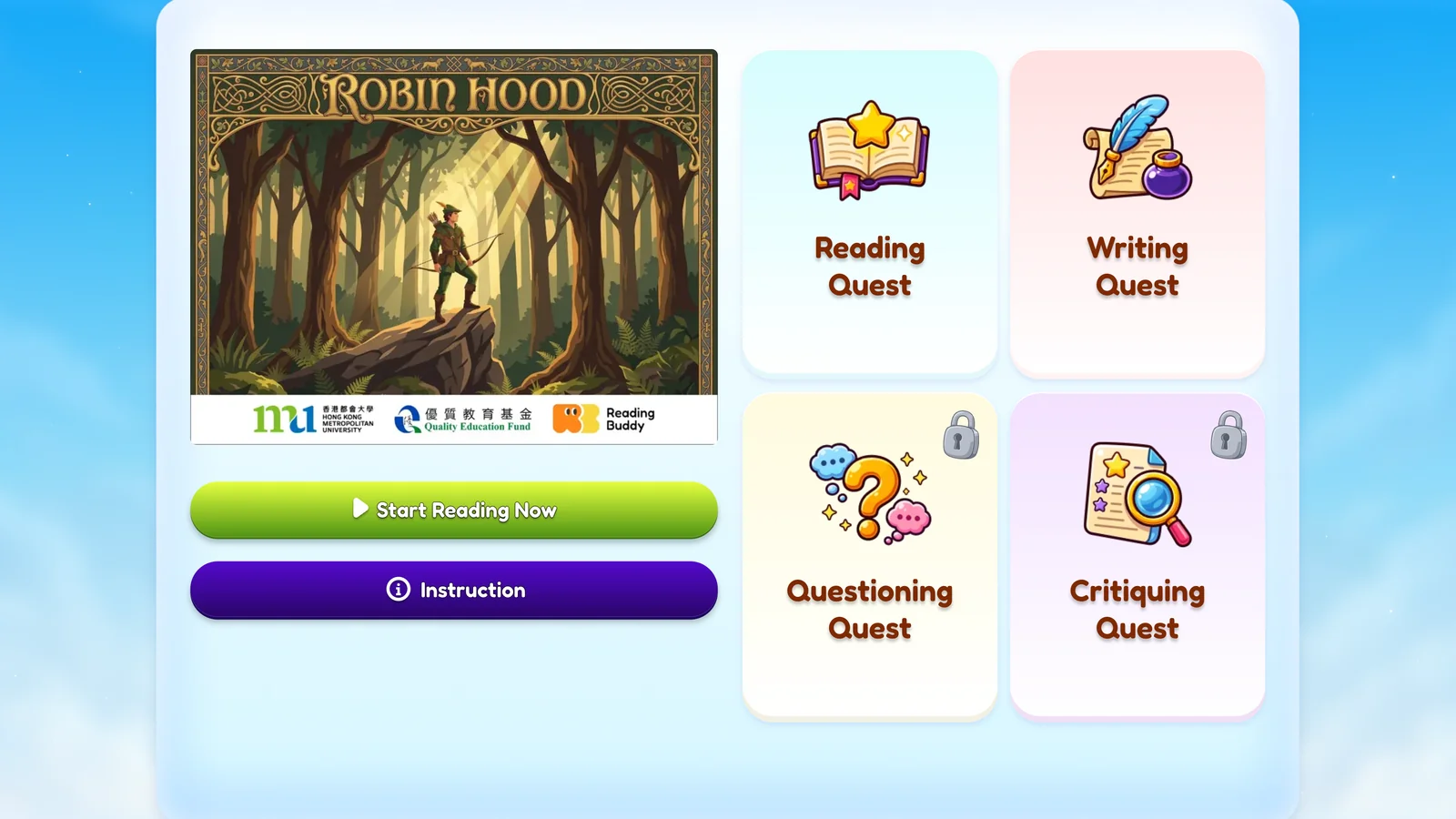 Four quest cards on a book's quest hall